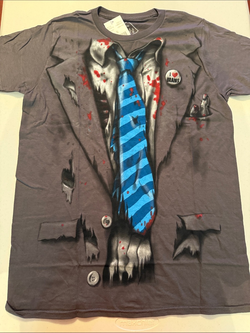 Gray Graphic Tee with Zombie Blue Striped Tie Print